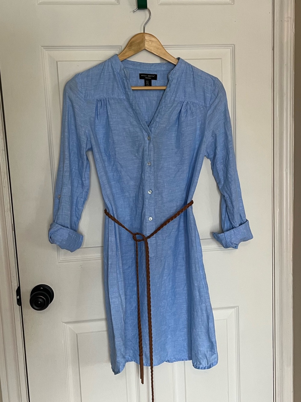 Willi Smith 100% Linen Light Blue Button-Front Shirt Dress 2 (no belt)
